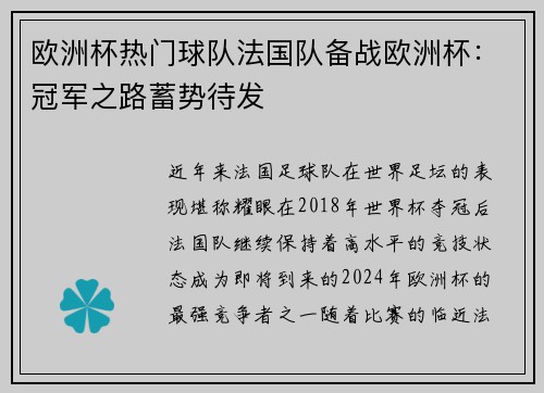 欧洲杯热门球队法国队备战欧洲杯：冠军之路蓄势待发